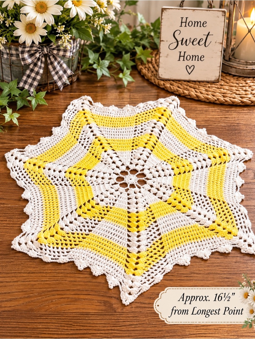 Source Unknown Yellow and White Crochet Star Doily